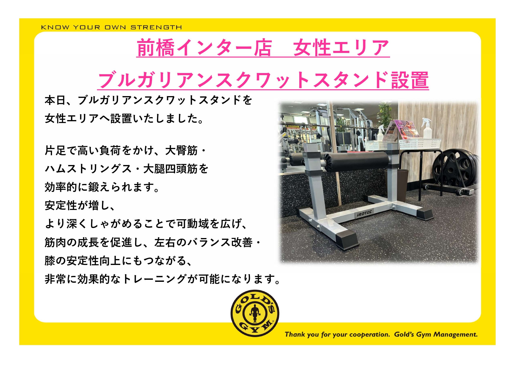 前橋インター店 女性エリア「ブルガリアンスクワットスタンド」増設｜前橋群馬