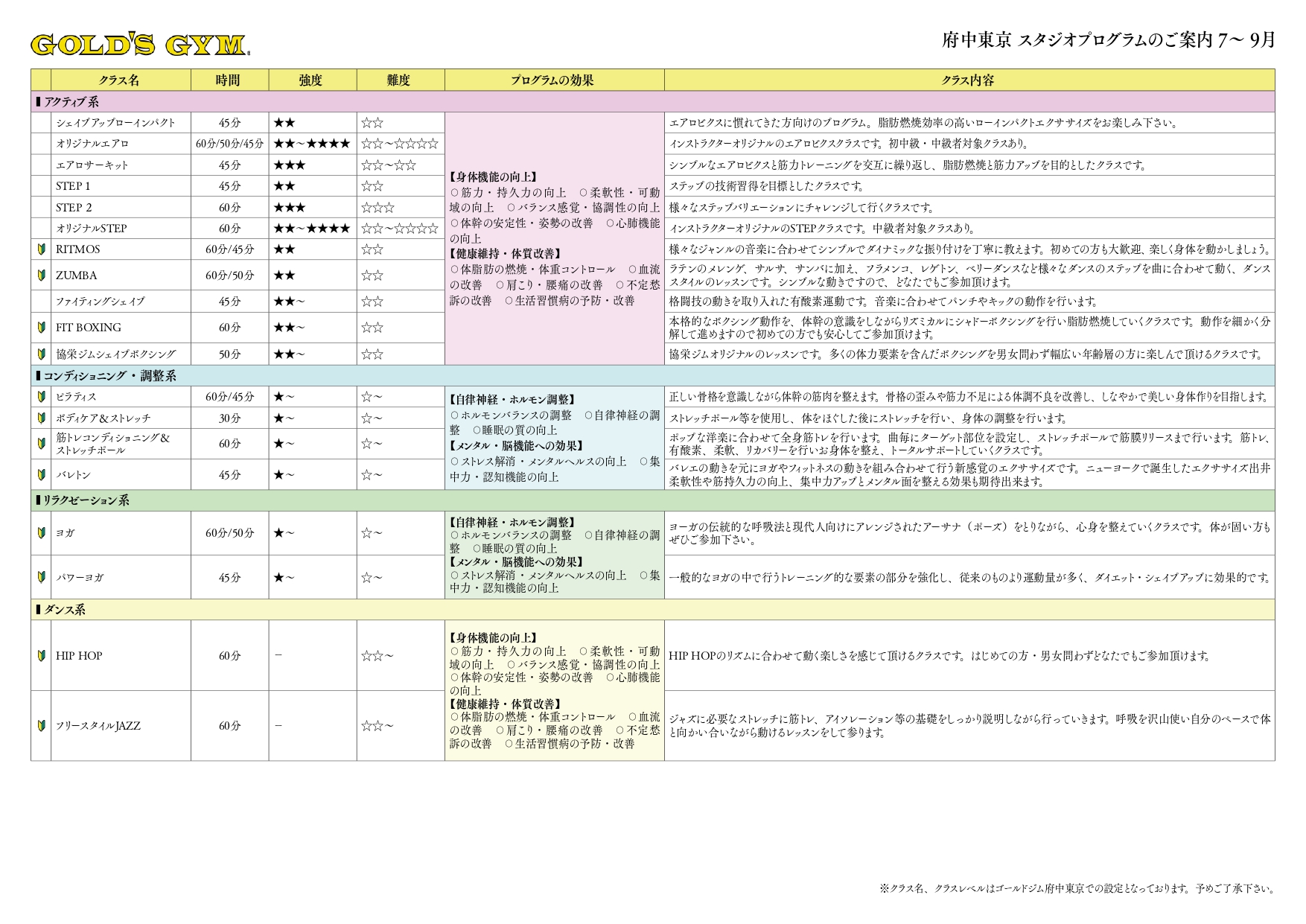 7月スタジオスケジュール｜府中東京